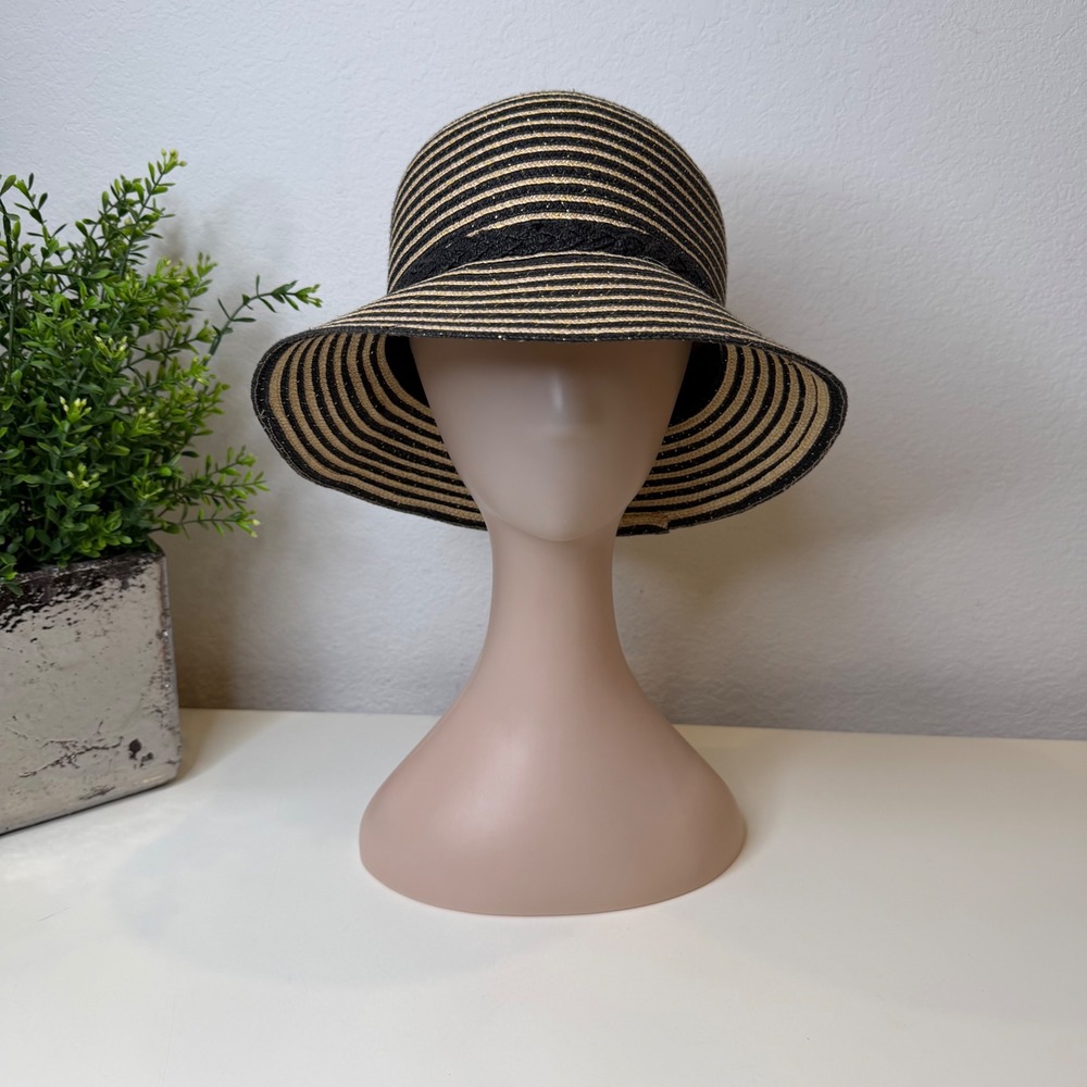 Betmar Cloche Hat Women Black Gold Striped Metallic Flower Vintage Chic OS